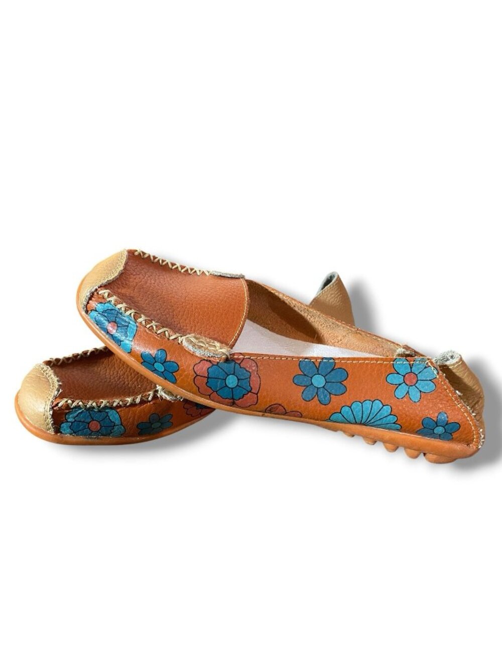 Socofy Orange Flowered Unique Bohemian Artsy Hippie Leather Slip On Shoes Size 8